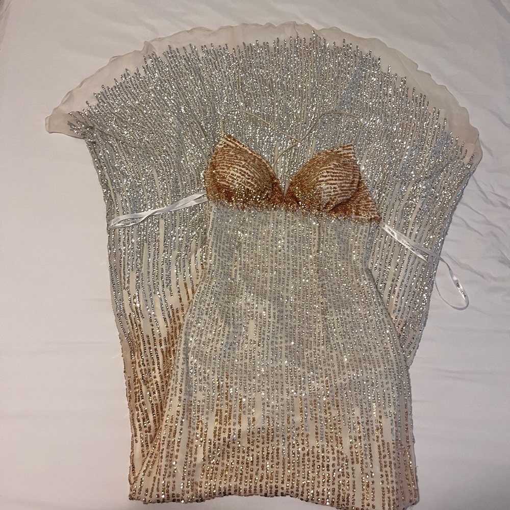 Sherri Hill white, gold, and silver sequins formal or prom gown